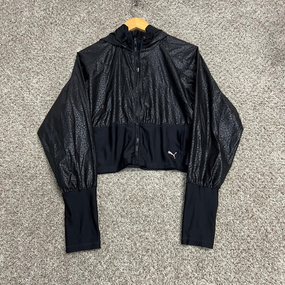 Puma Training Womens Black Metallic Cracked Texture Cropped Zip Jacket Large